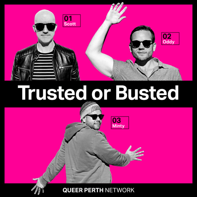 Trusted or Busted Podcast Cover podcast gay xennials nostalgic journey 90's movies memories trusted or busted